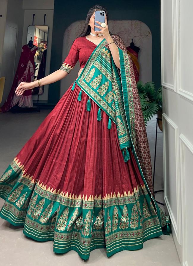 Tussar Silk Red Festival Wear Foil Printed Lehenga Choli